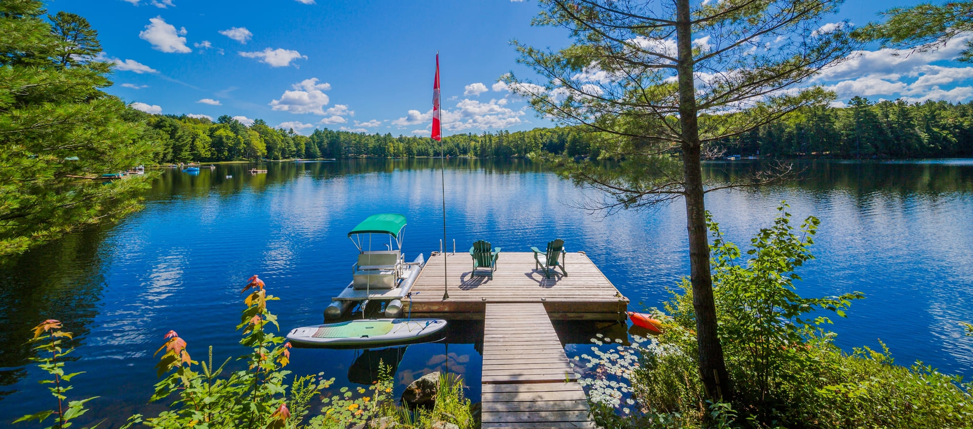 Two Ontario chairs sitting on a wood cottage dock