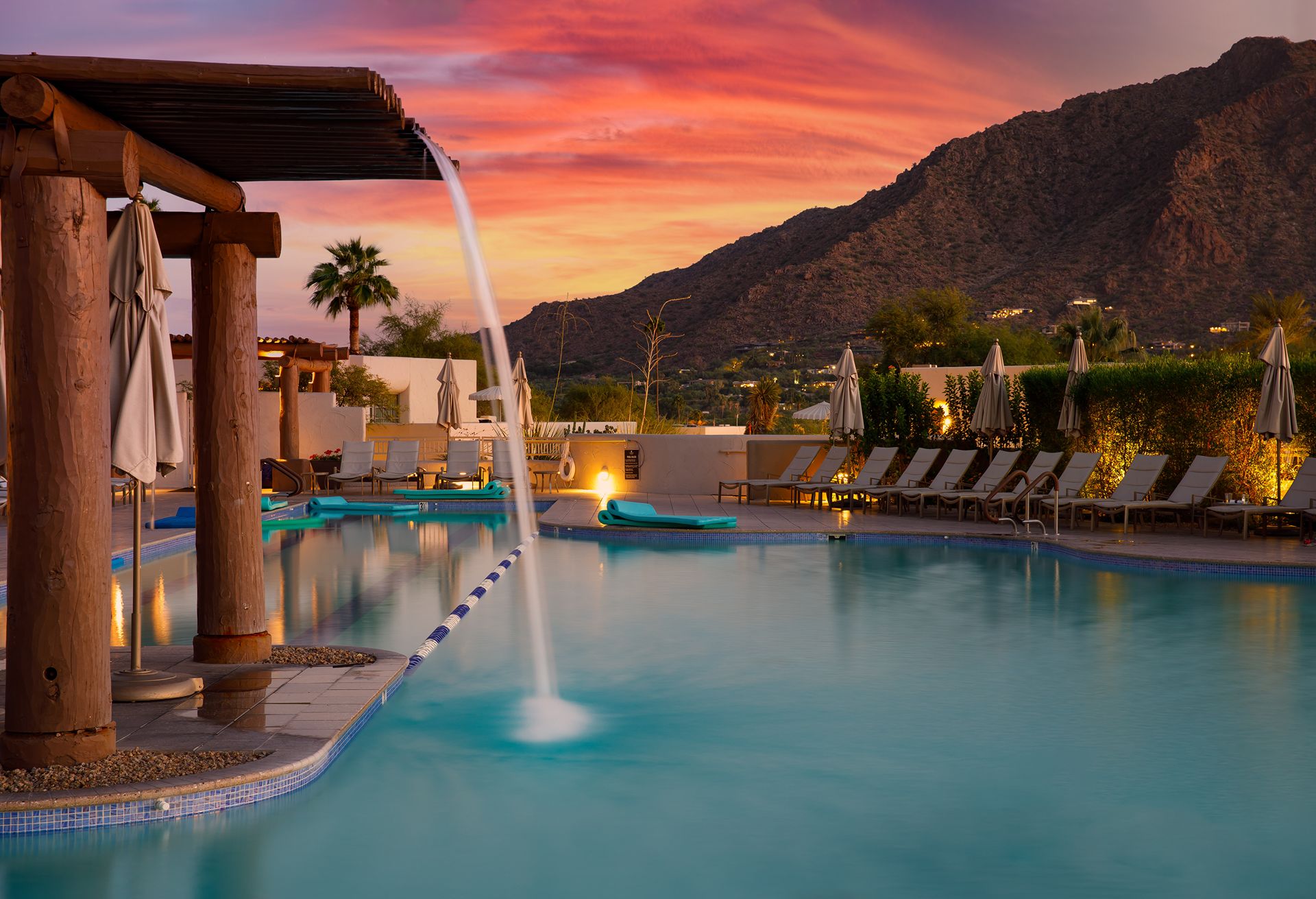Arizona resort with pool during sunset