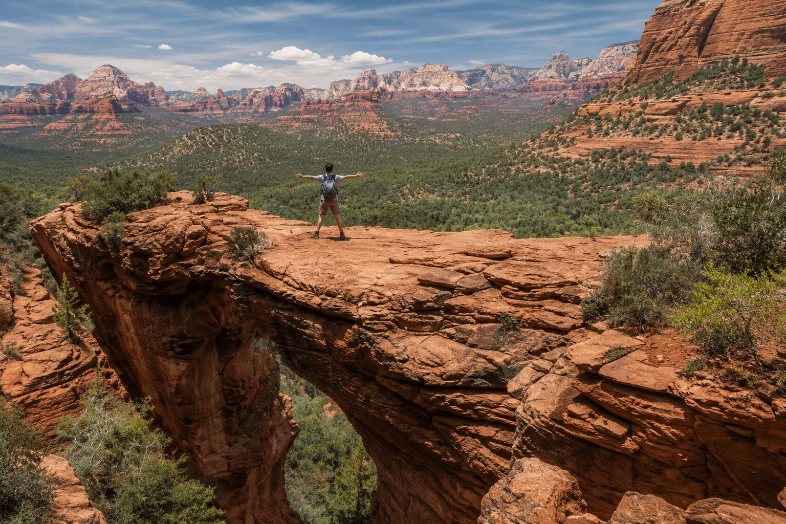 Expansive desert canyon view with hiker