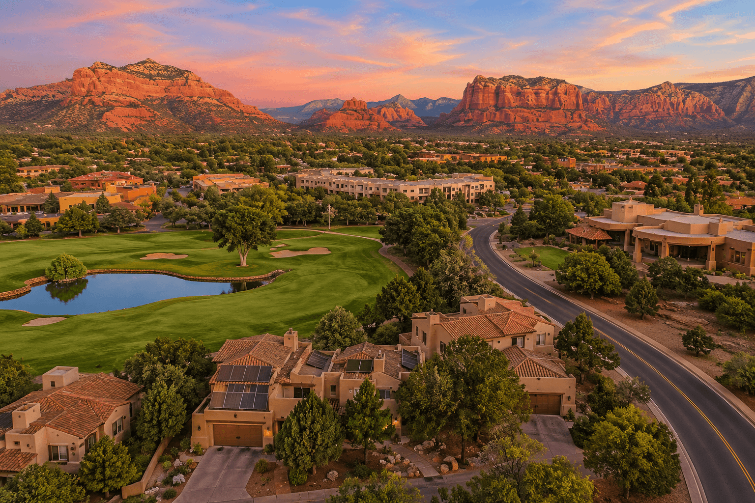 Golden hour over southwestern valley and golf course