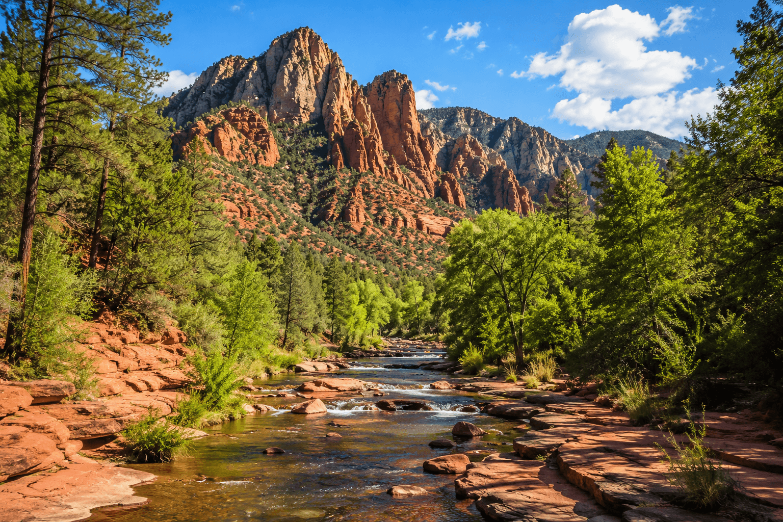 Sunlit canyon river with red cliffs