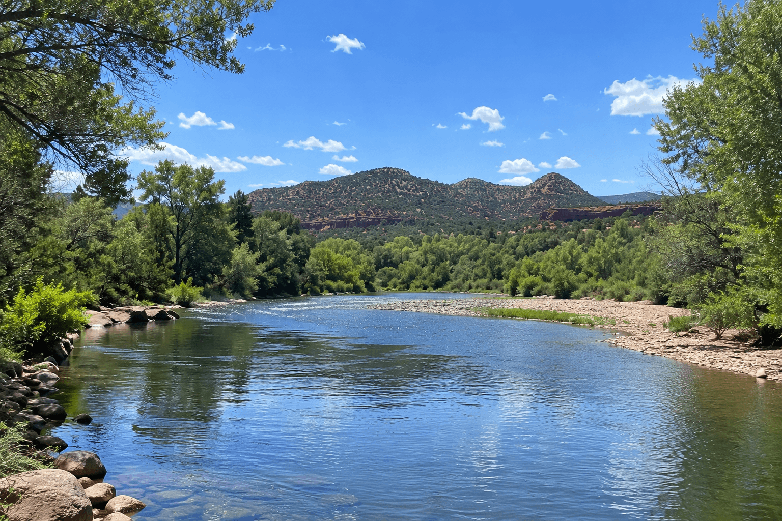 Tranquil riverside amid rolling hills, verder river, arizona
