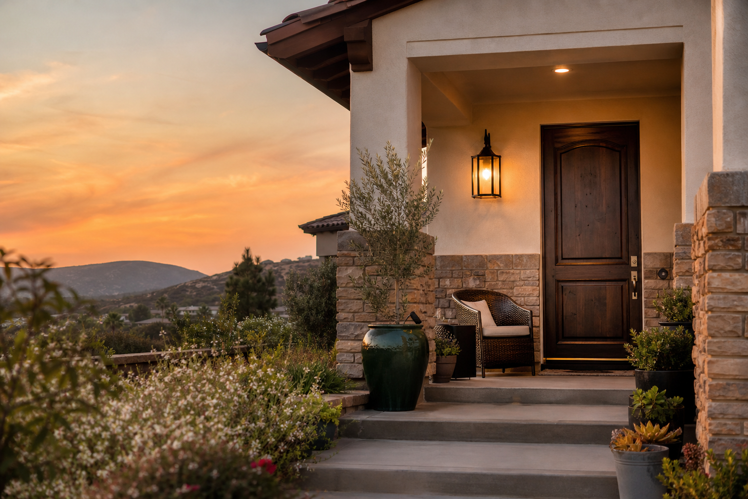 Front entry of a Temecula-area home with a covered porch, wood door, and landscaped steps at sunset