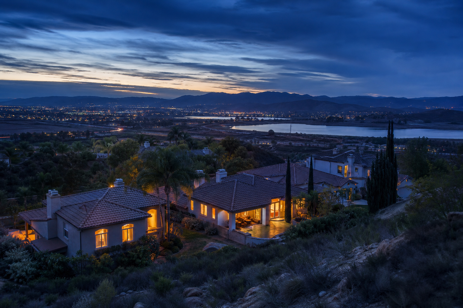 Hillside single-story homes with glowing windows at dusk overlooking the city lights and distant lake of Southwest Riverside County, California