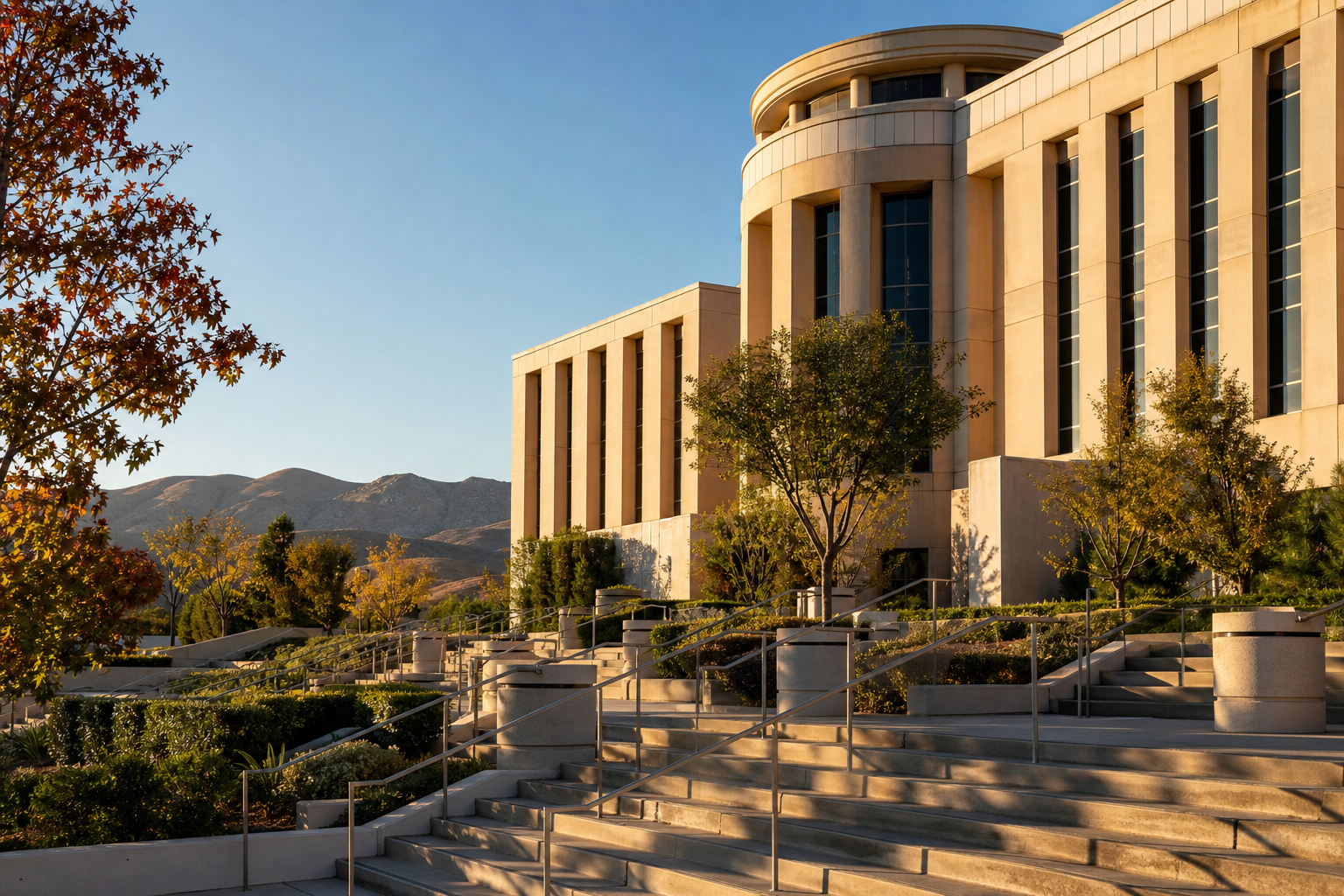 Sunlit civic government building with a rounded tower and landscaped front steps against rolling hills in Southwest Riverside County, California