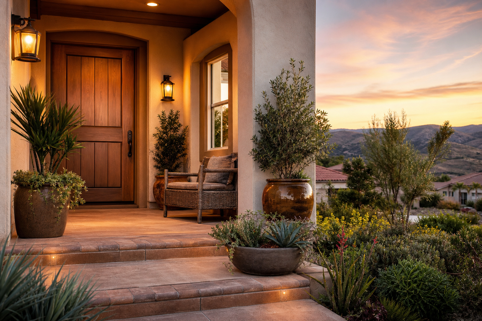 Front entry of a single-story Menifee home at dusk with an arched wood door, lantern sconces, and drought-tolerant landscaping