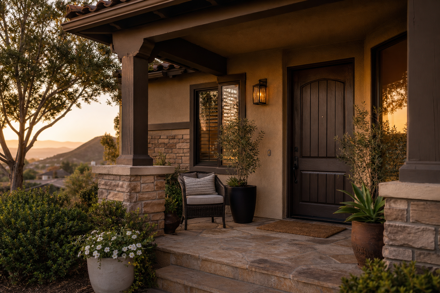 Covered front porch of a stucco and stone Southwest Riverside County home at sunset, with a dark wood front door, potted plants, and rolling hills in the background