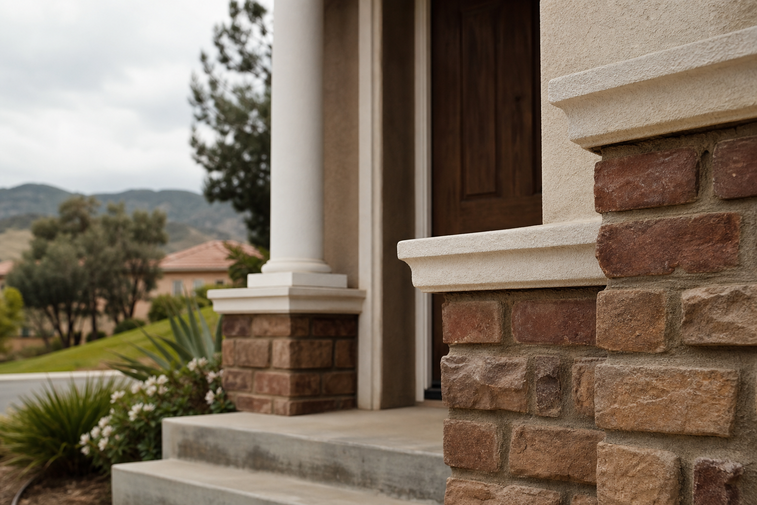 Brick-and-stucco covered front entry of a Temecula home with rolling hills in the background