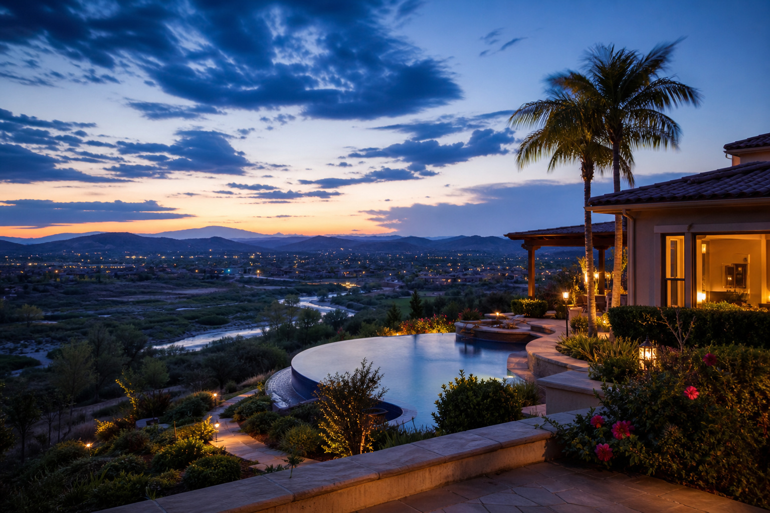 Hillside Temecula-area home with a pool, palm tree, and valley views at dusk