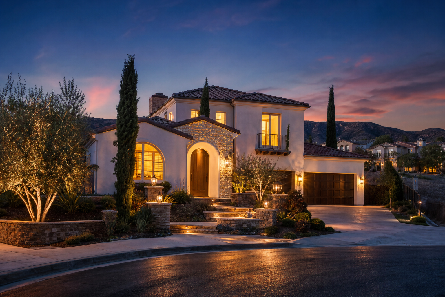 Two-story Mediterranean-style Temecula home with tile roof, palm trees, and lit landscaping at dusk