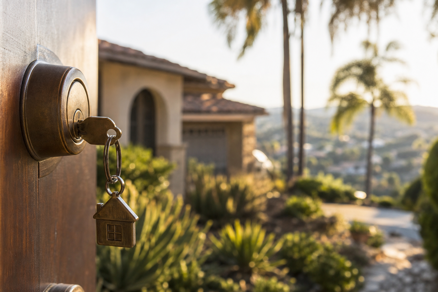 House keys with a small house-shaped keychain hanging from a front door lock, with a stucco home, palm trees, and a sunlit hillside neighborhood in the background