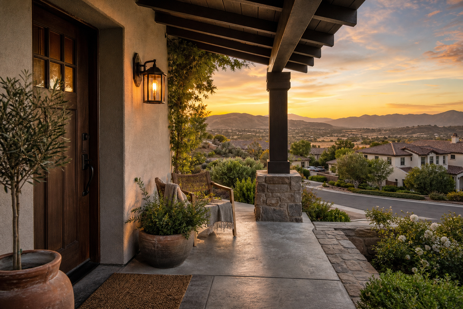 Covered front porch of a Temecula home at sunset, looking out over a hillside neighborhood and rolling hills