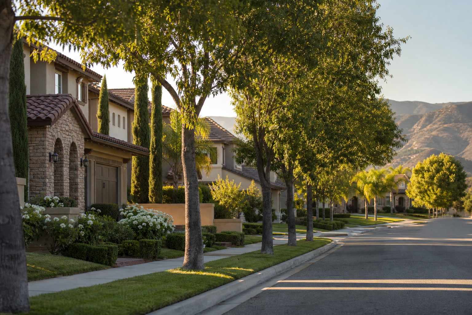 Tree-lined street in Temecula's Meadowview community with a Mediterranean-style estate home and rolling hills in the background