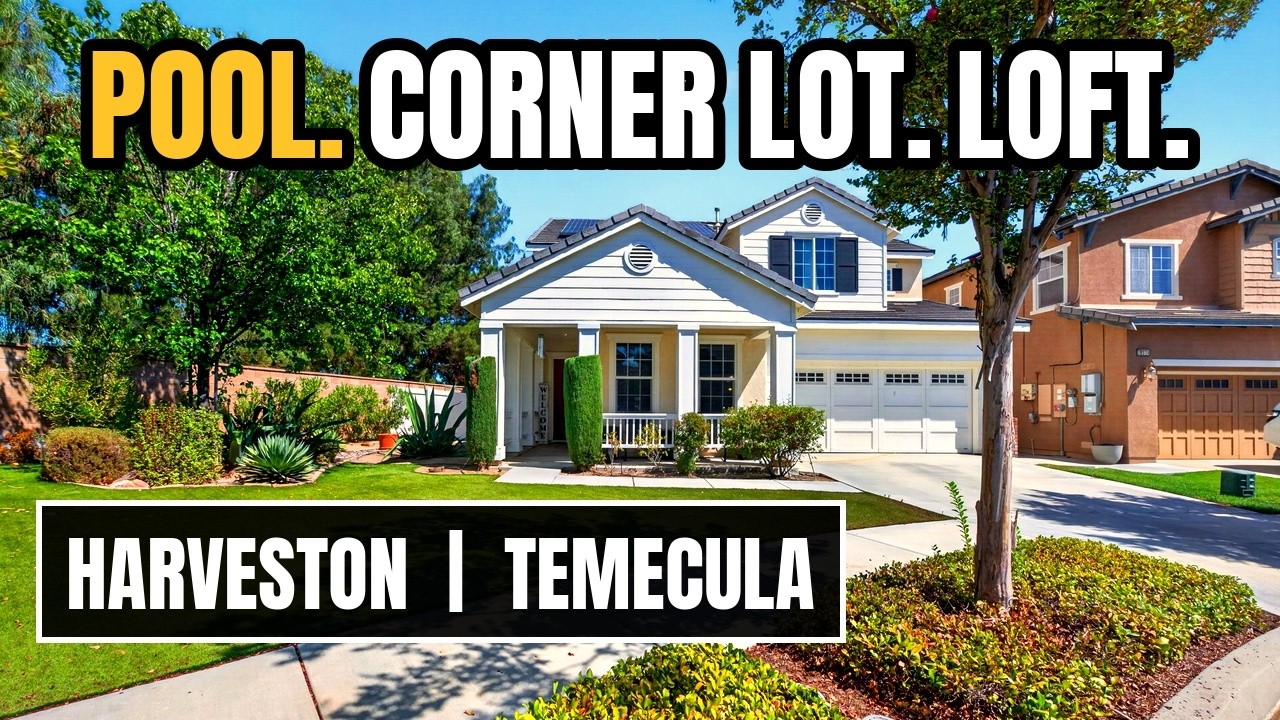 Two-story Harveston pool home on a corner lot in Temecula, CA with a tree-lined front yard