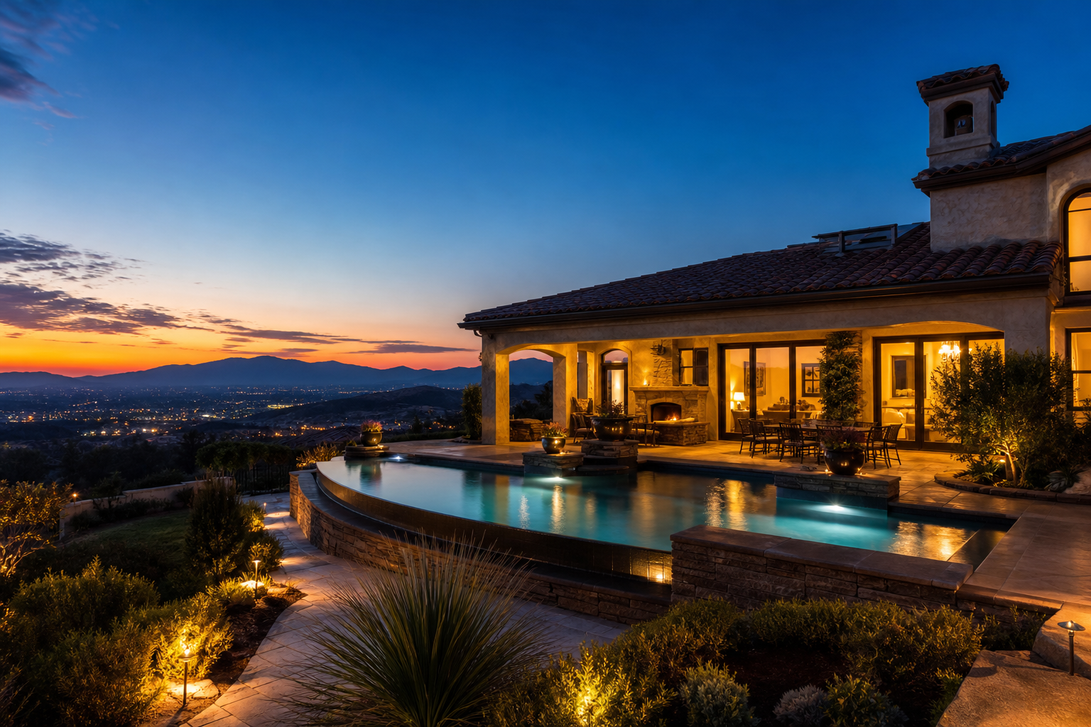 A house at dusk with its windows lit from inside in Murrieta, California
