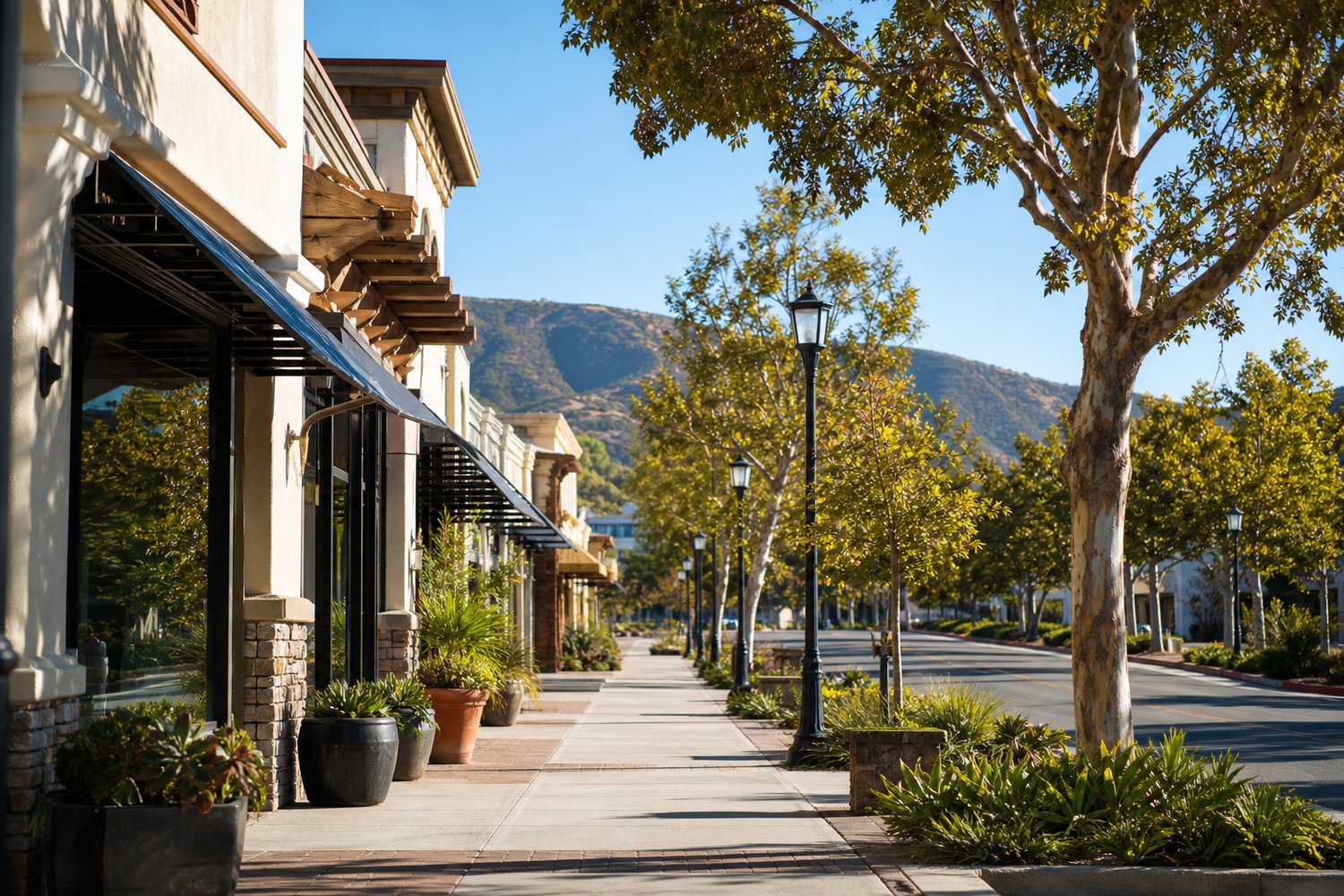A local main street lined with shopfronts in West Murrieta, California