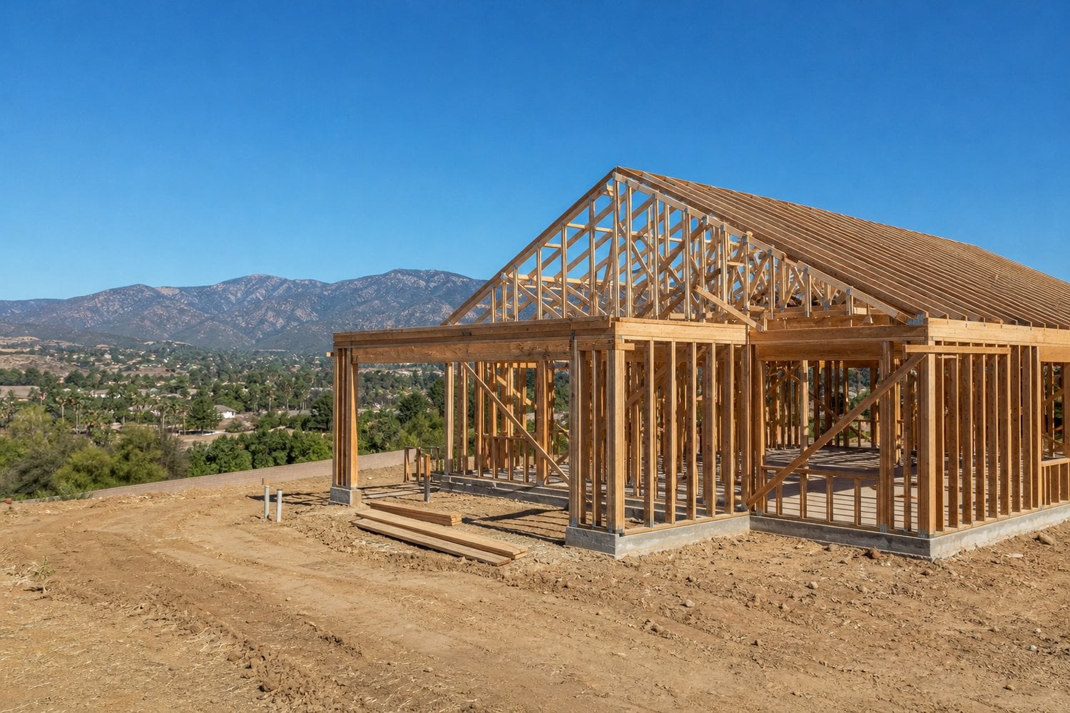 A new home under construction with timber framing visible in a Southwest Riverside County neighborhood near Temecula, Californianew-construction-in-temecula-regrets