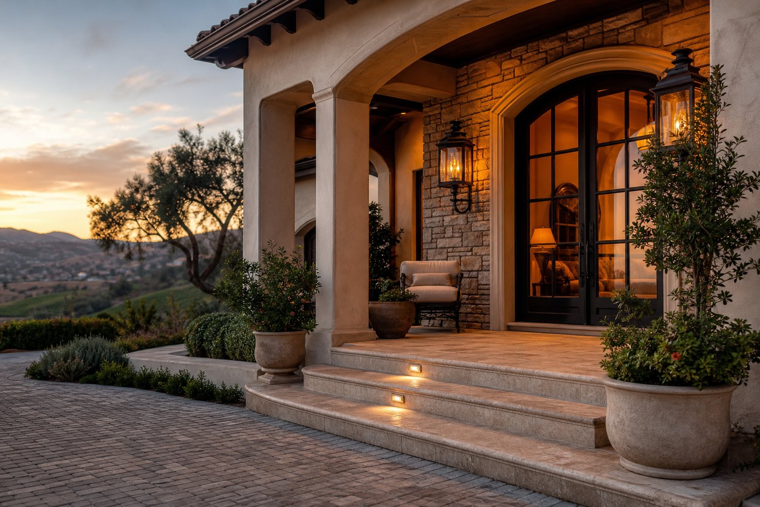 Arched front entrance of a luxury custom home glowing at twilight with a stone walkway and landscaping in Temecula, California