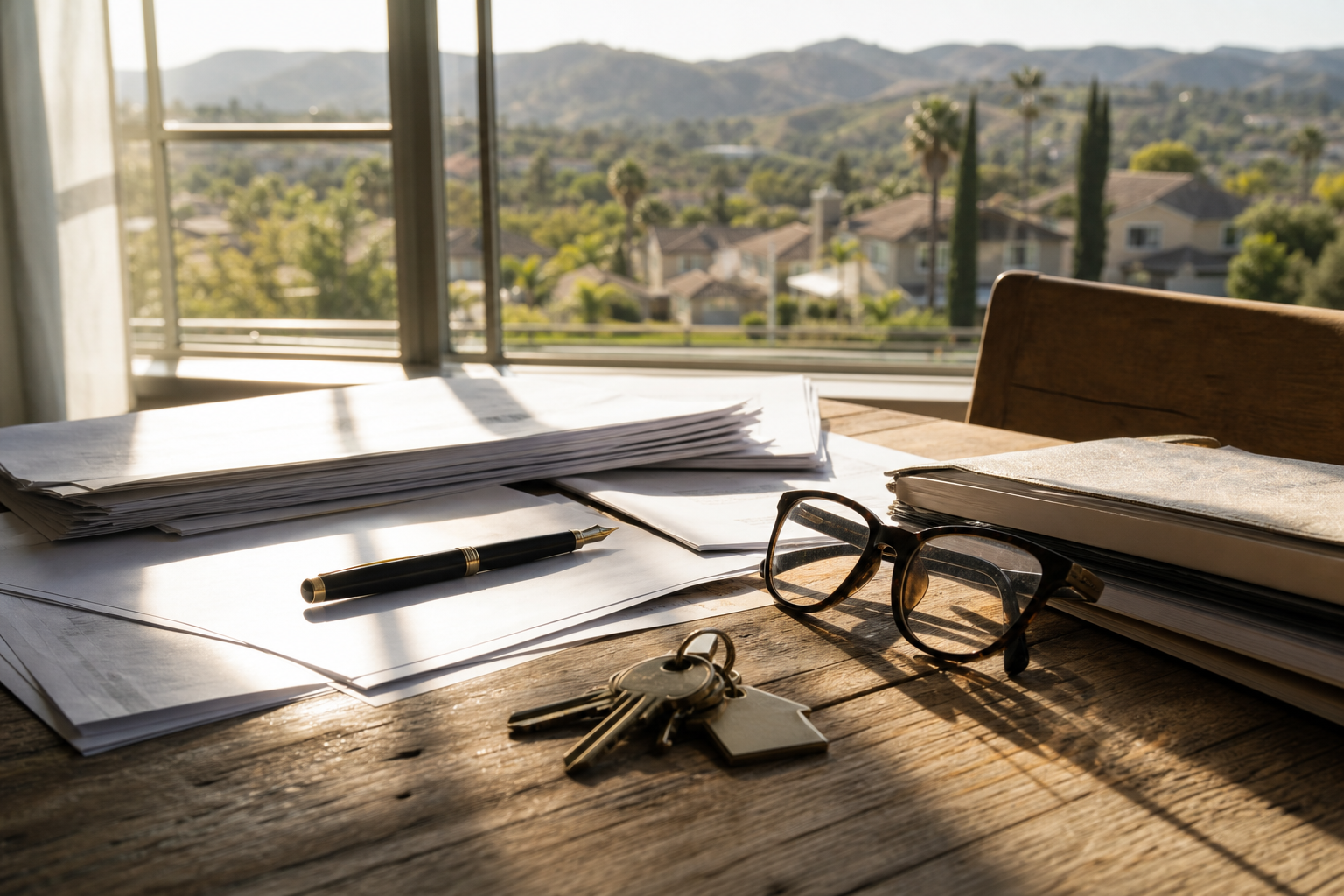 Closing paperwork and documents laid out on a desk for a Murrieta home sale involving solar