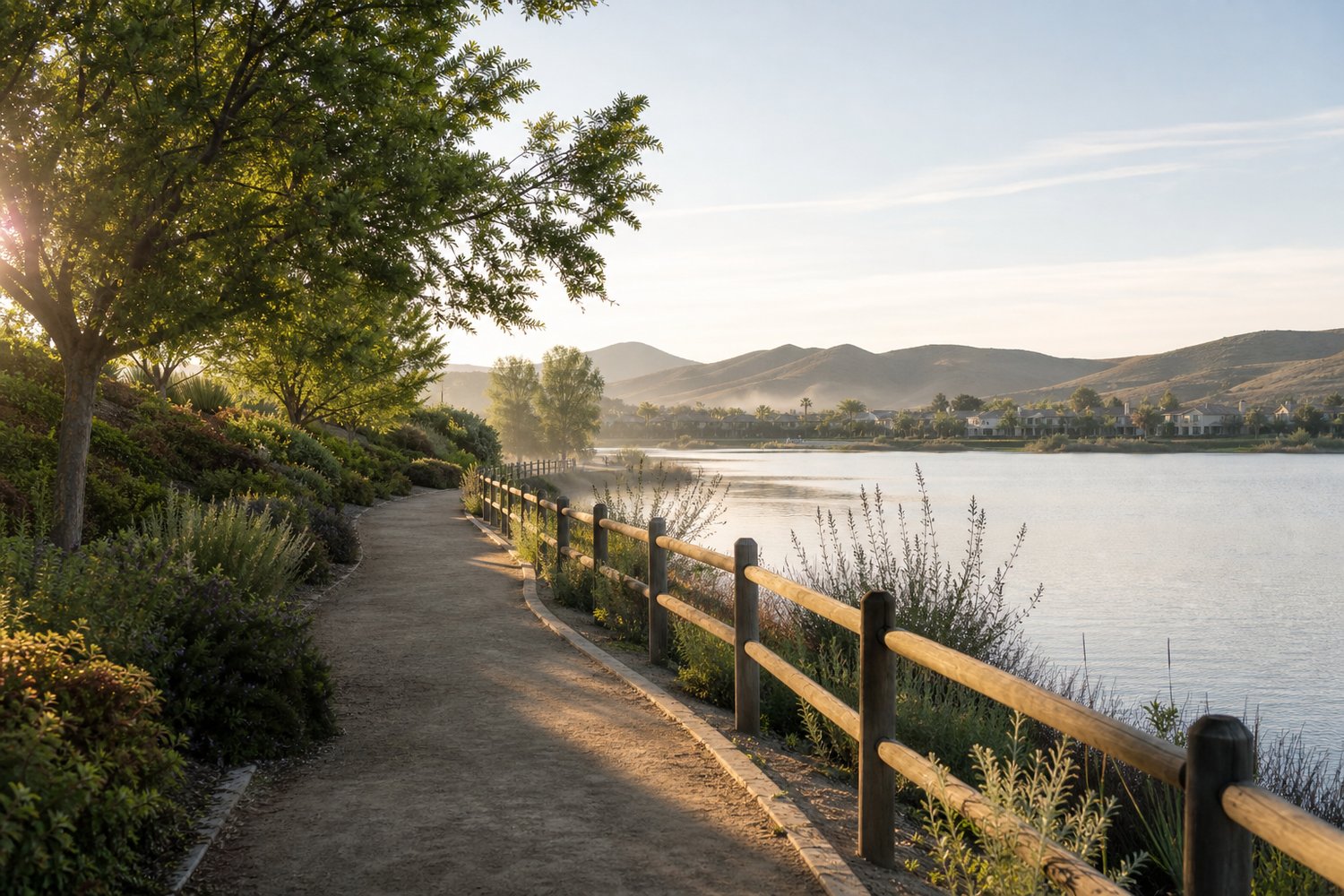 Scenic lakeside walking path with trees and hills in Temecula, California, a popular destination for city-to-suburb relocation