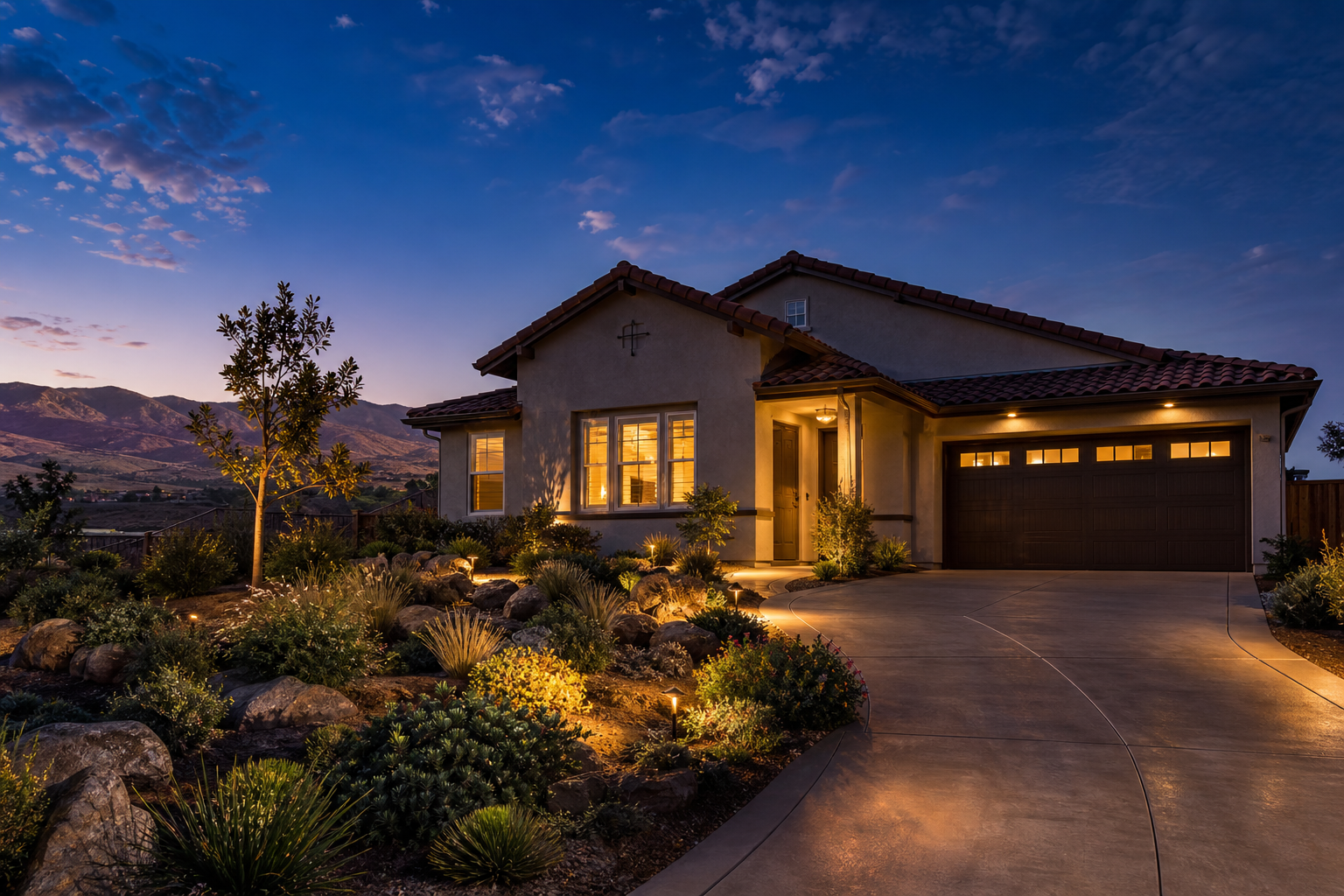 Single-story Temecula Valley home at dusk with glowing windows, a two-car garage, and a landscaped front yard with mountains in the distance