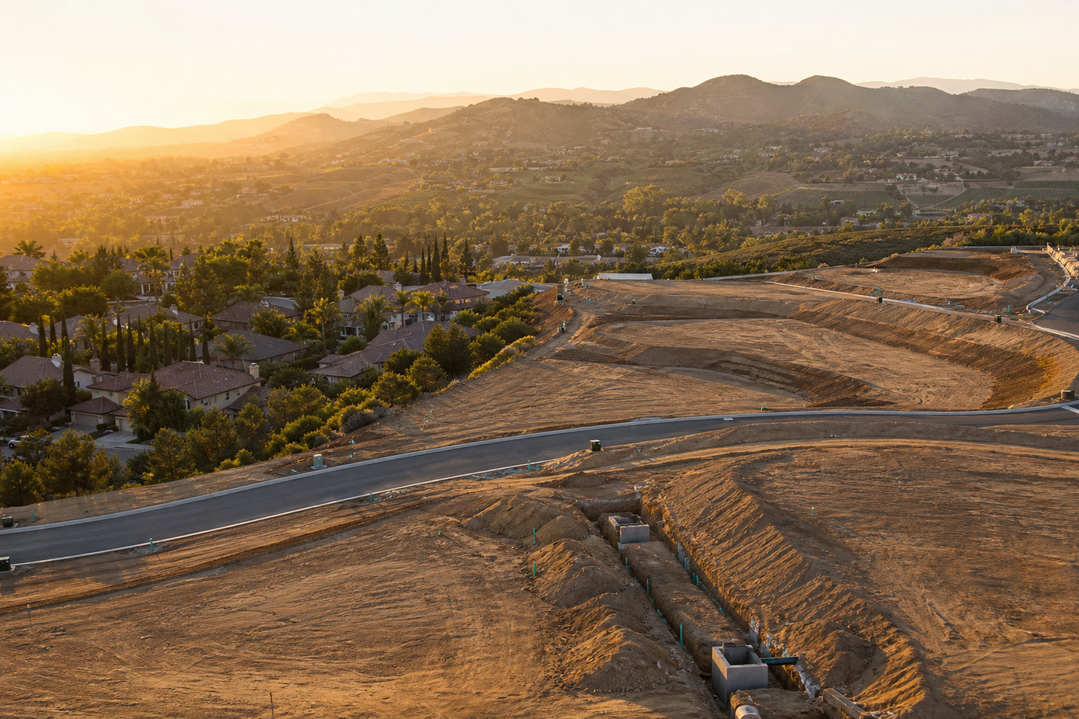 Aerial view of Temecula Wine Country at golden hour with rolling hills, open acreage, and a winding road