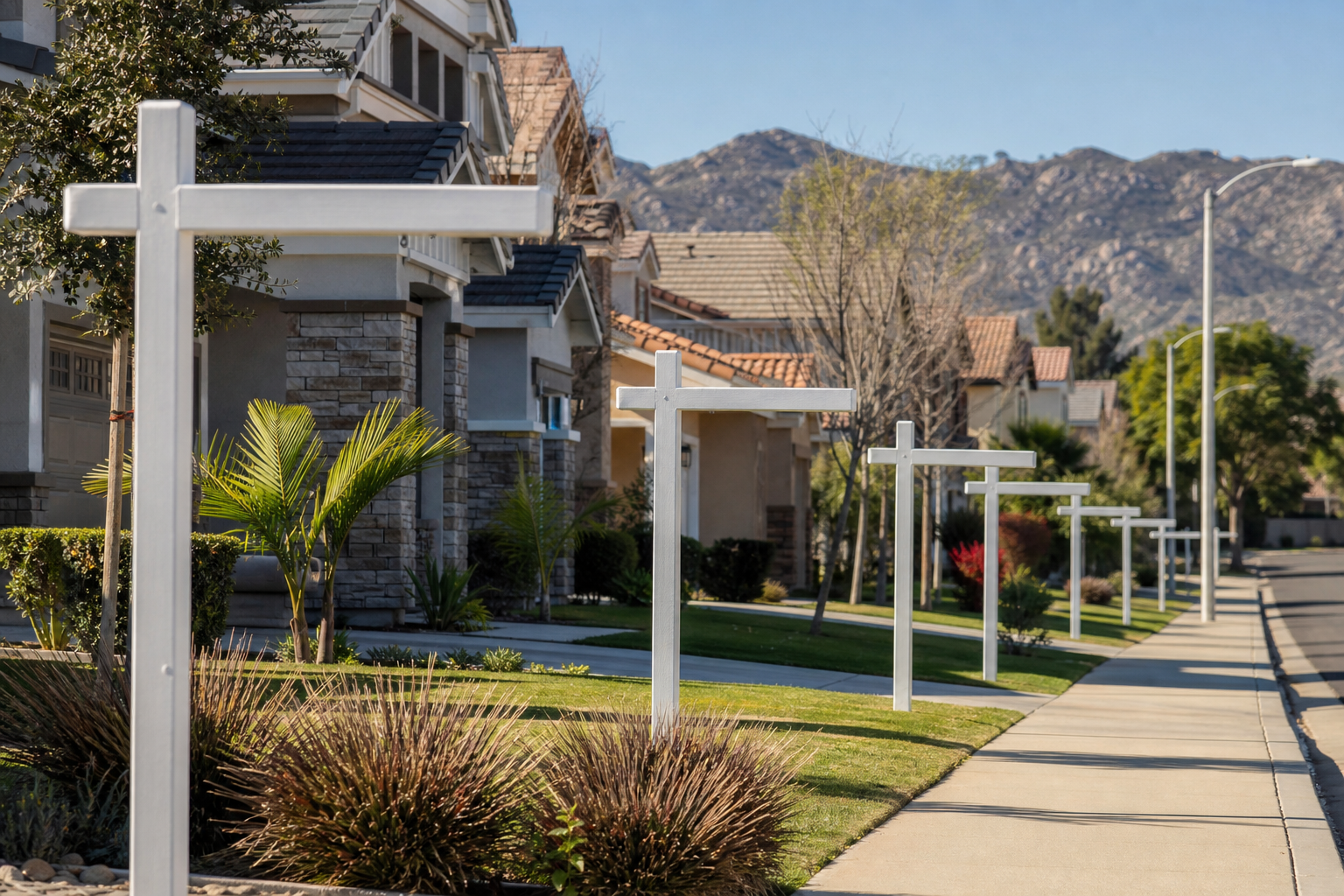 Row of white sign posts in front yards along a sunny suburban street of homes with palm trees and mountains in the background
