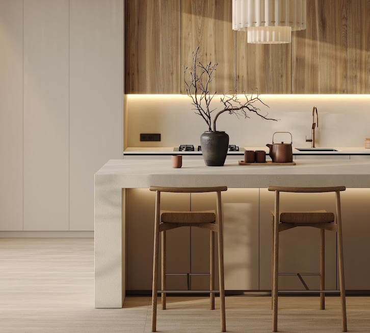 modern cozy house in Japanese minimalist style with natural wood, stone floor, warm cozy kitchen with beige kitchen island. 3d render. 3d illustration