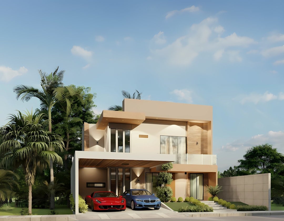 Beautiful modern suburban home with a manicured lawn under a bright, sunny sky, representing a highly desirable property t...