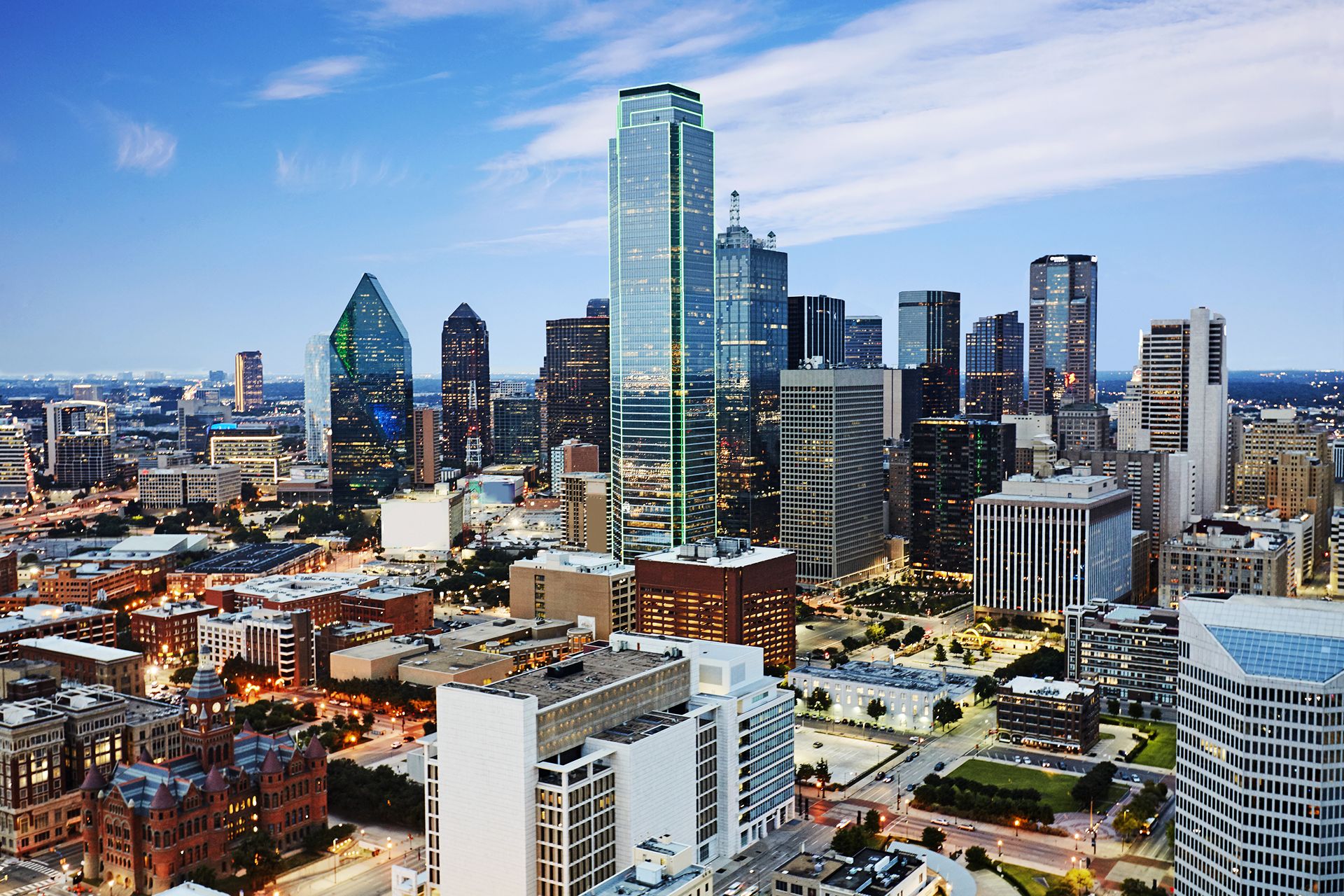 Aerial view of the financial hart of Dallas Texas at dusk