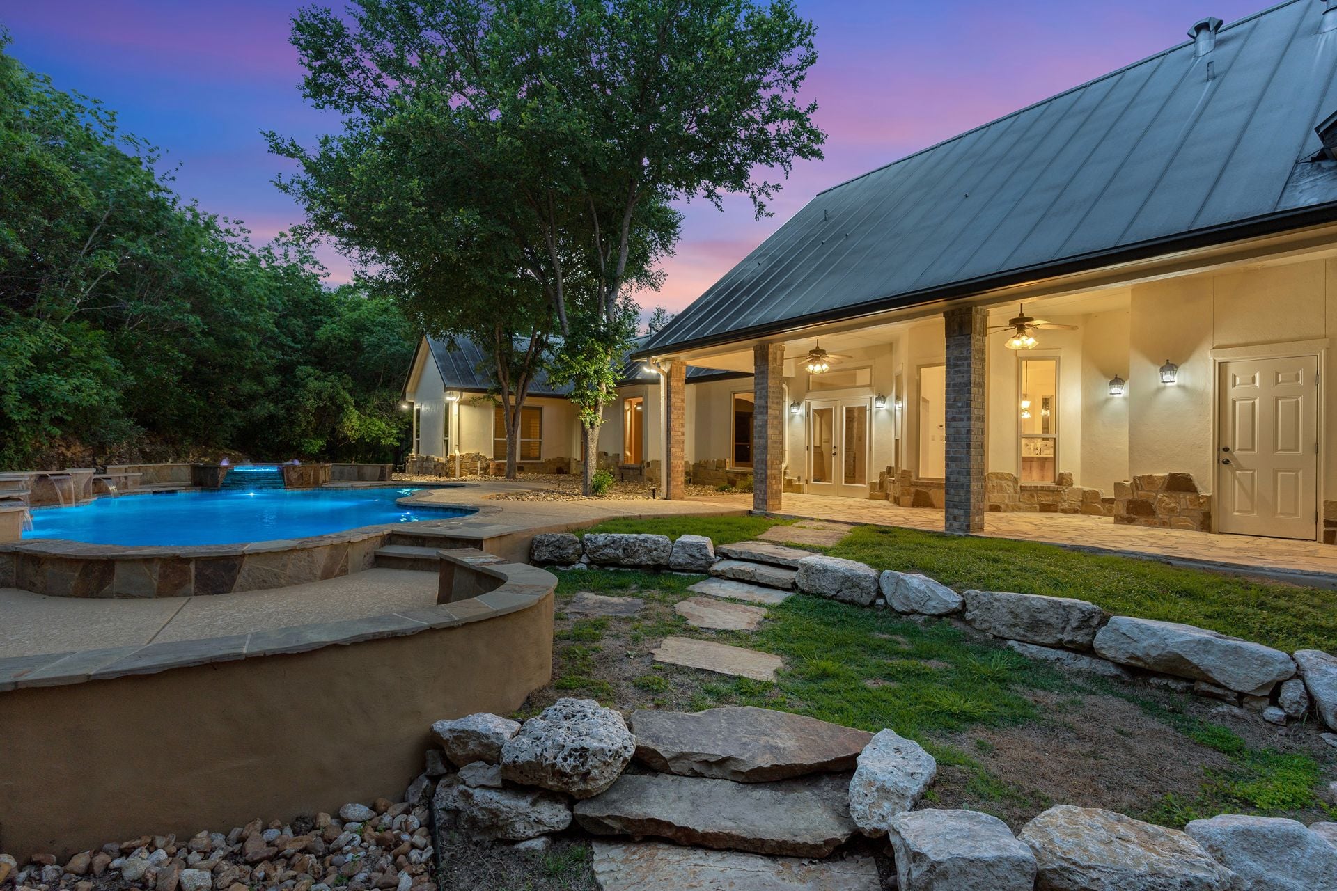 a home back yard at sunset