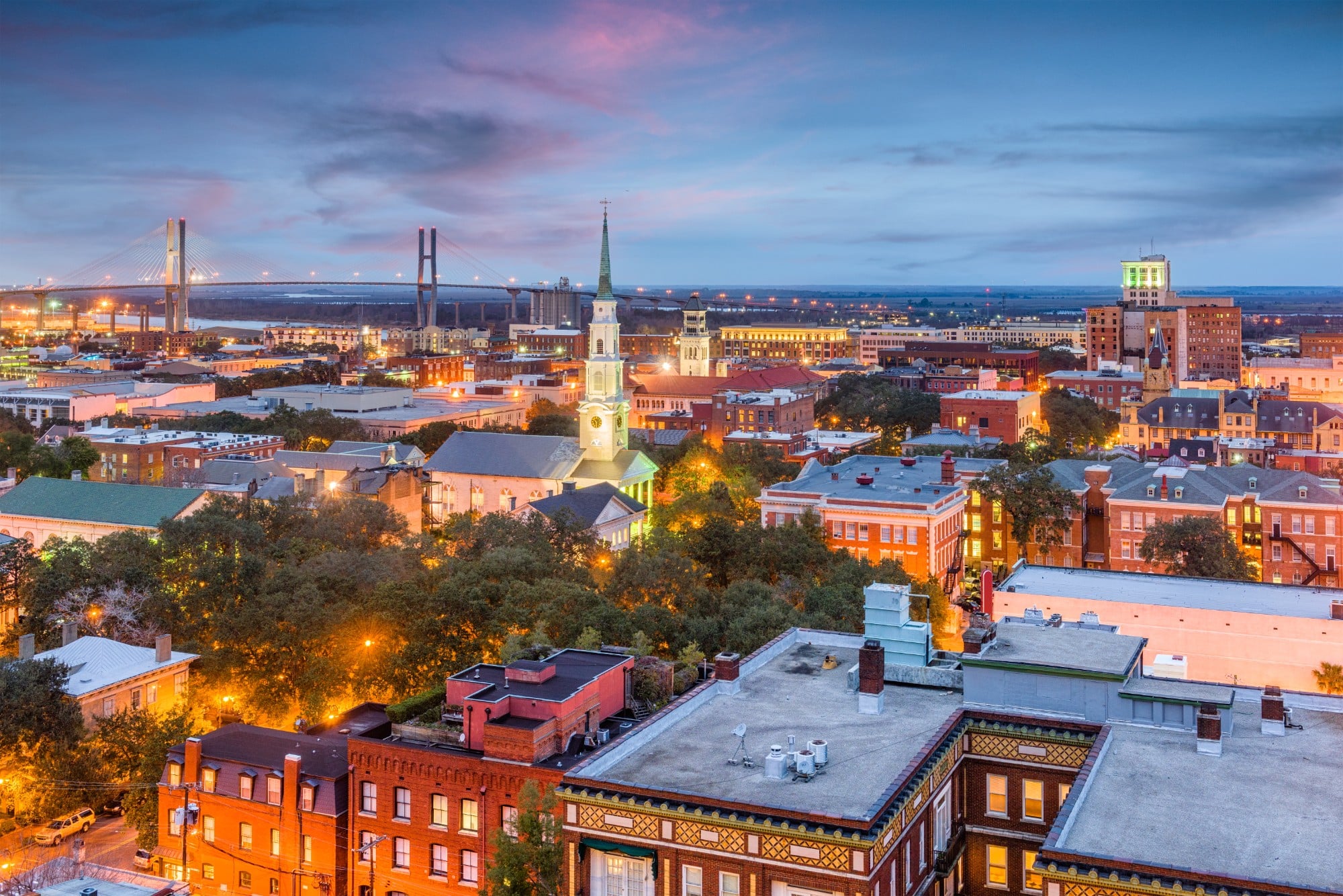 Savannah, Georgia, USA downtown skyline at dusk.