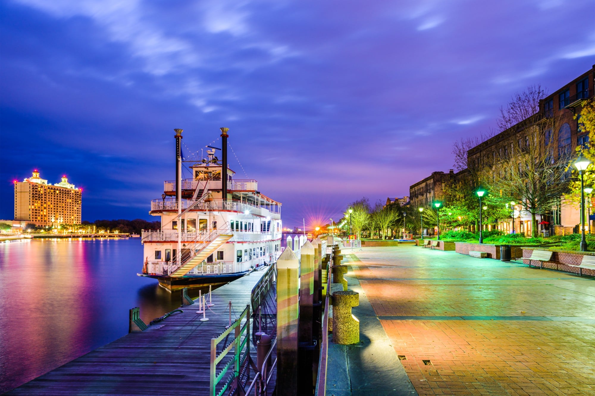 Savannah, Georgia, USA riverfront at twilight.
