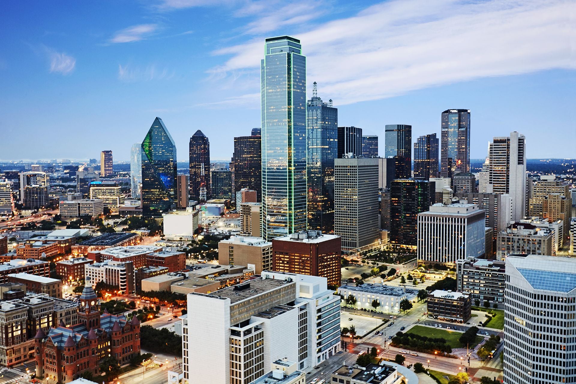 Aerial view of the financial hart of Dallas Texas at dusk