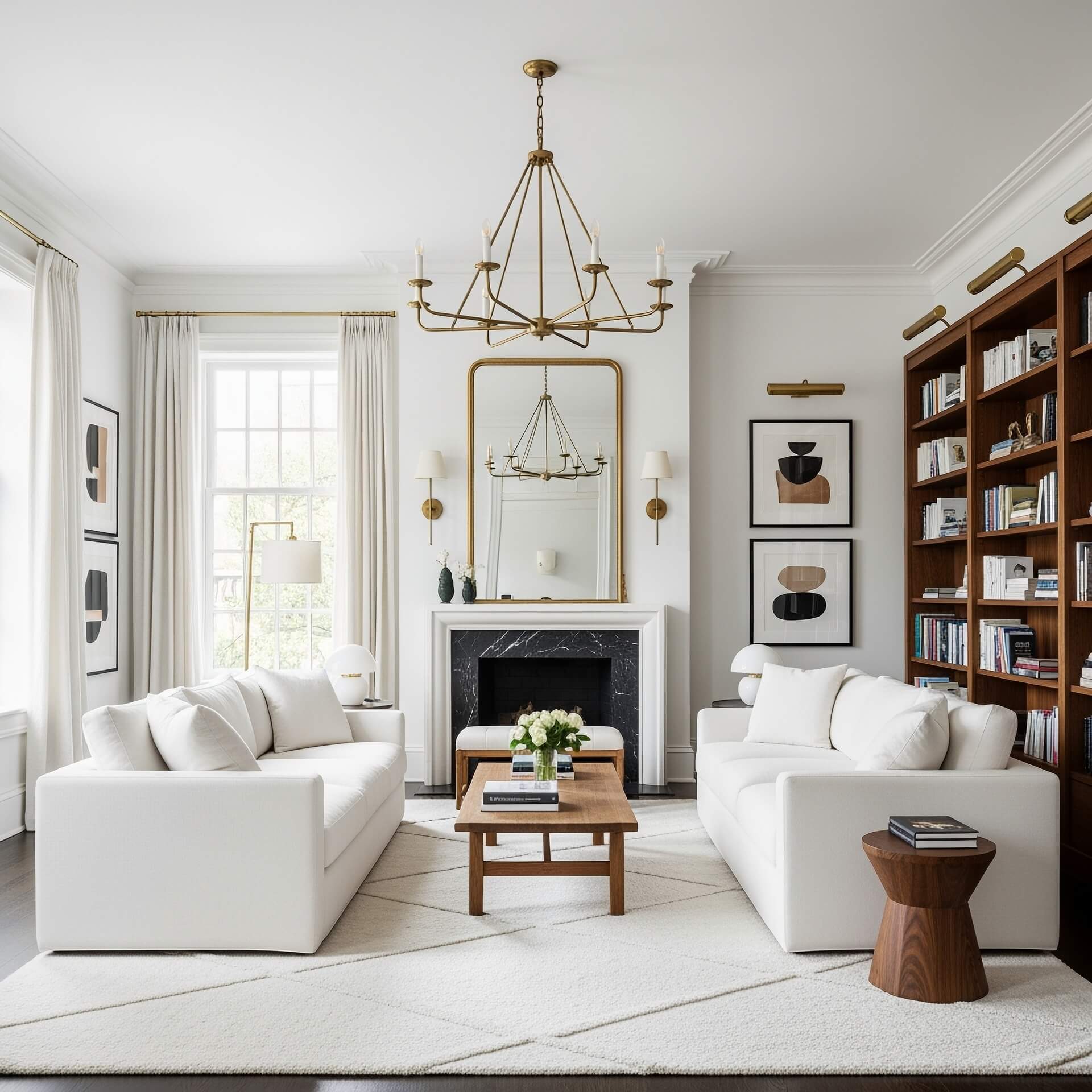 Living room interior with antique brass