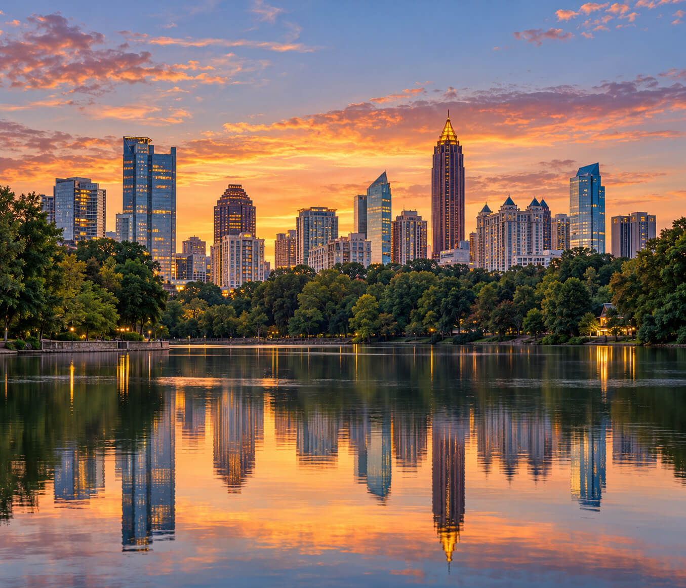 Fulton County - Sunset Skyline Reflected on a Serene Lake