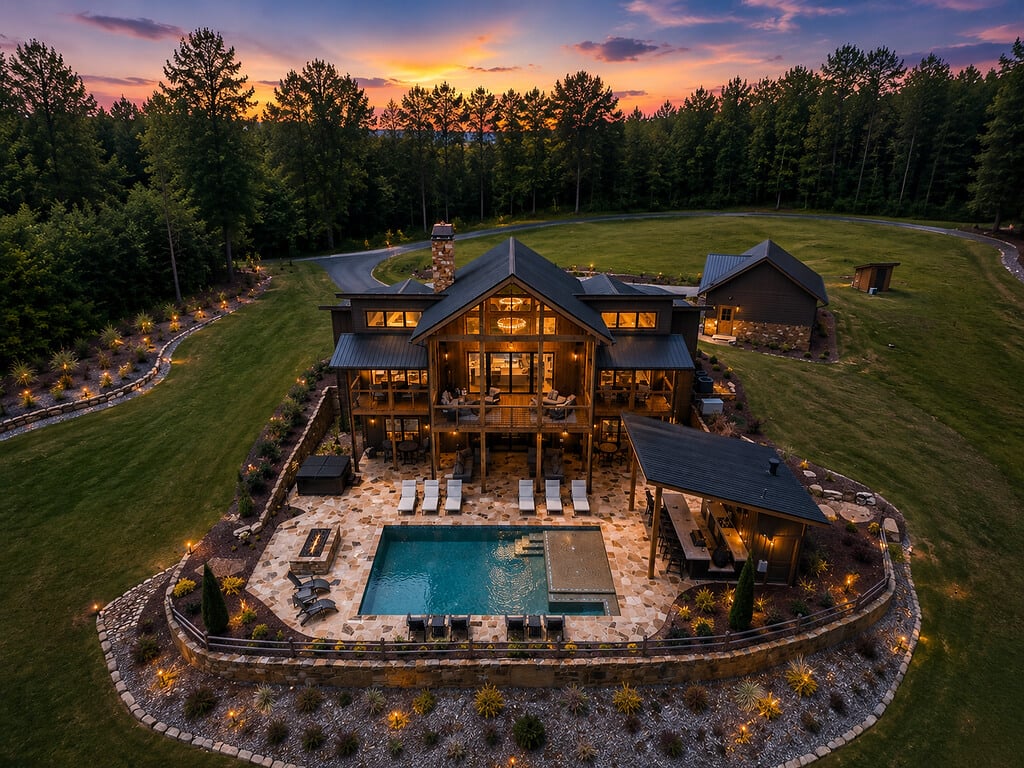 Luxury home with a pool, hot tub, and outdoor bar at dusk.