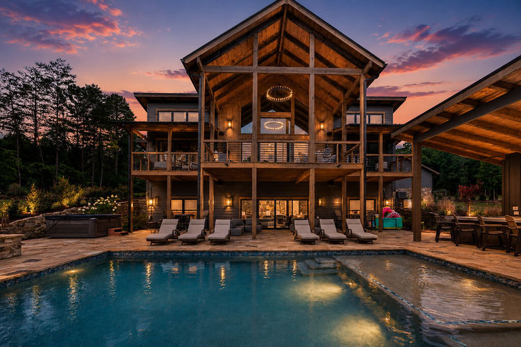 A modern home with a pool and hot tub at dusk.