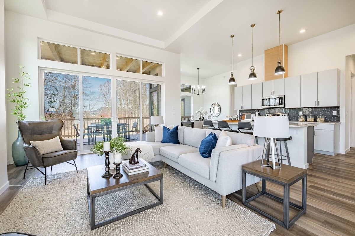 open concept living room with stylish furniture