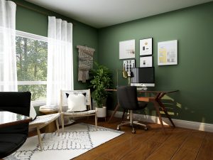 A home office with green walls