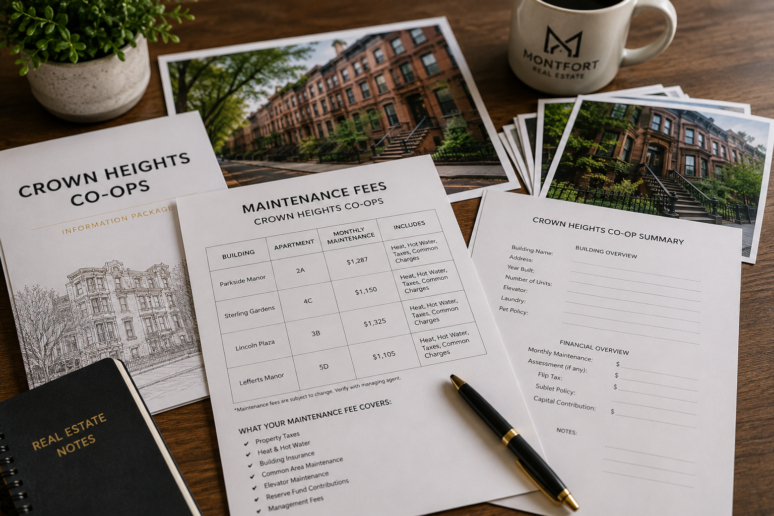 Crown Heights co-op maintenance fees comparison with property documents, brownstone photos and monthly maintenance cost analysis in Brooklyn NYC