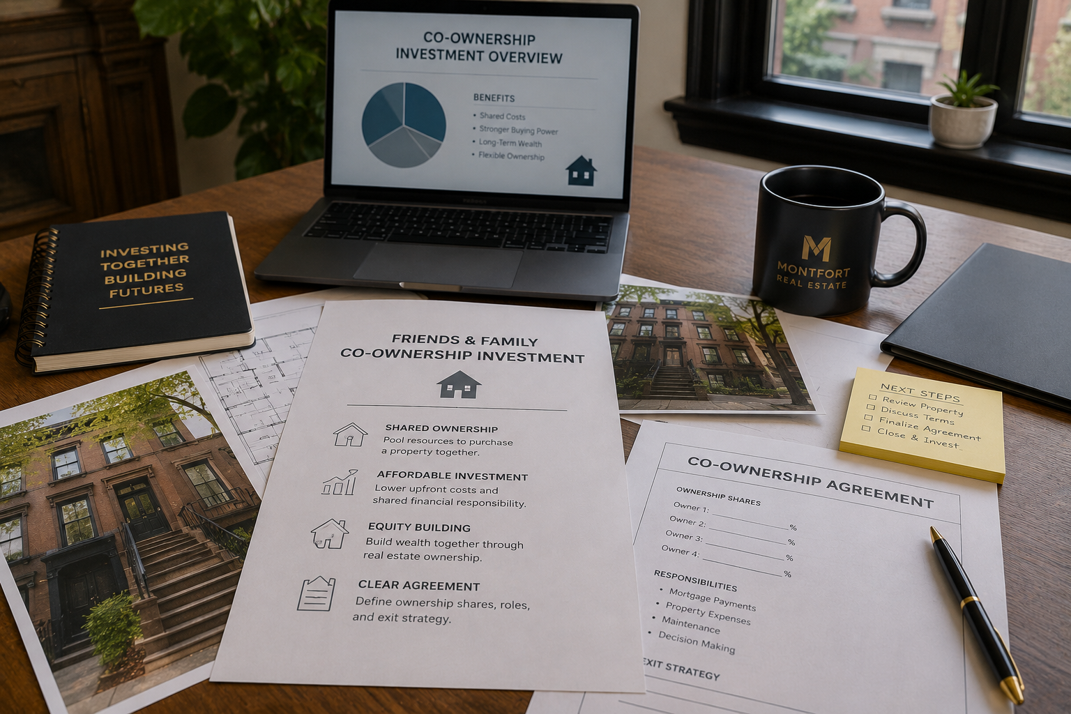 Friends and family co-ownership investment planning with shared ownership agreement, property documents, and Crown Heights real estate investment materials for affordable homeownership