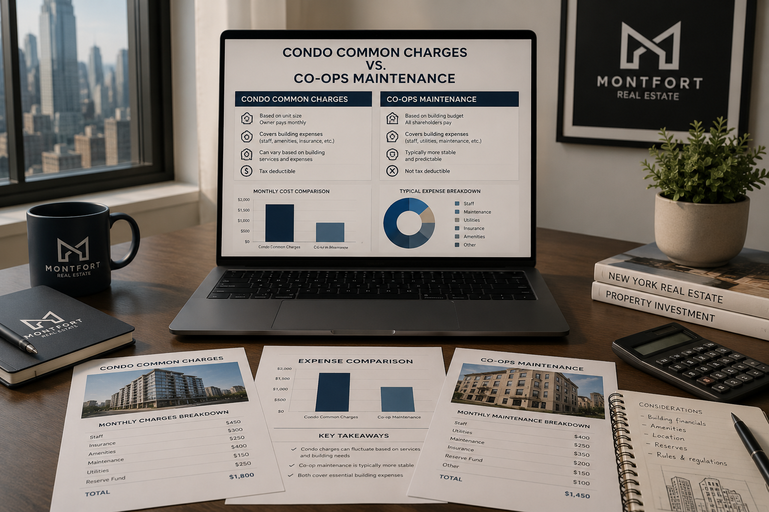 Condo common charges vs co-op maintenance comparison with financial charts, real estate documents, calculator and laptop for NYC home buyers