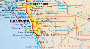 A map of Sarasota that shows proximity to Tampa