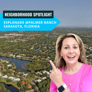 Sarasota Realtor and YouTuber, Lisa McBride pointing at an aerial view of Esplanade at Palmer Ranch for a Sarasota Neighborhood Spotlight