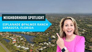 Sarasota Realtor and YouTuber, Lisa McBride pointing at an aerial view of Esplanade at Palmer Ranch for a Sarasota Neighborhood Spotlight