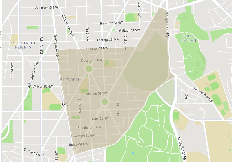 Map of Petworth, Washington DC, with Upshur Street and Georgia Avenue labeled
