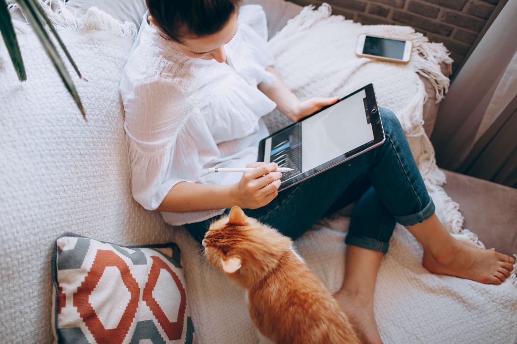 Lady works in bed with her cat