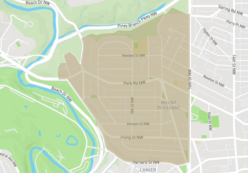 Map of Mount Pleasant, Washington DC, bordered by Rock Creek Park to the west with Mount Pleasant Street and 16th Street NW labeled