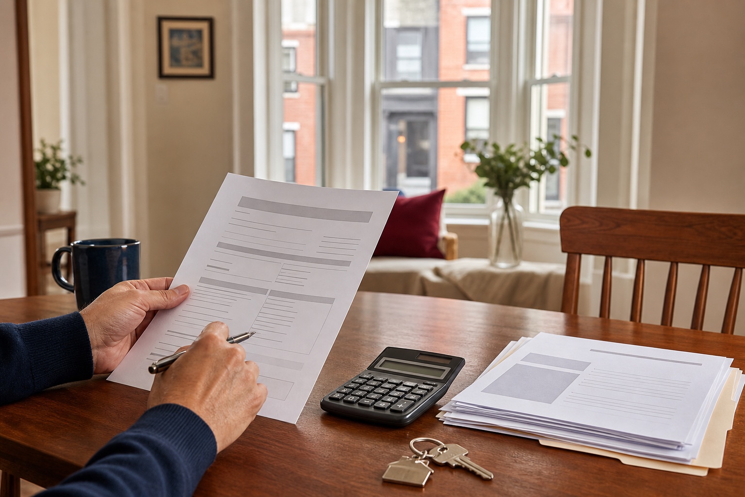 Washington DC homeowner reviewing a settlement worksheet with a calculator and house keys